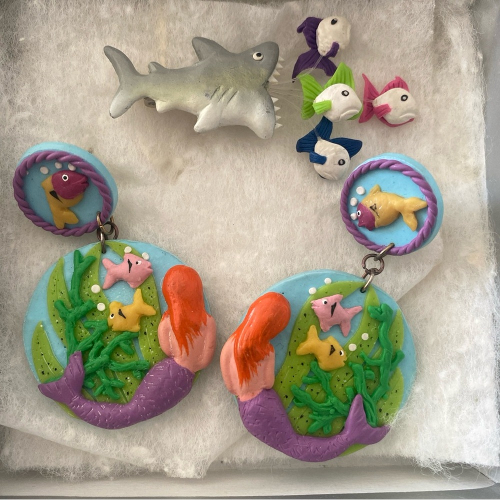 Vintage 80s Fimo Polymer Clay Mermaid Earrings and Shark Pin Set